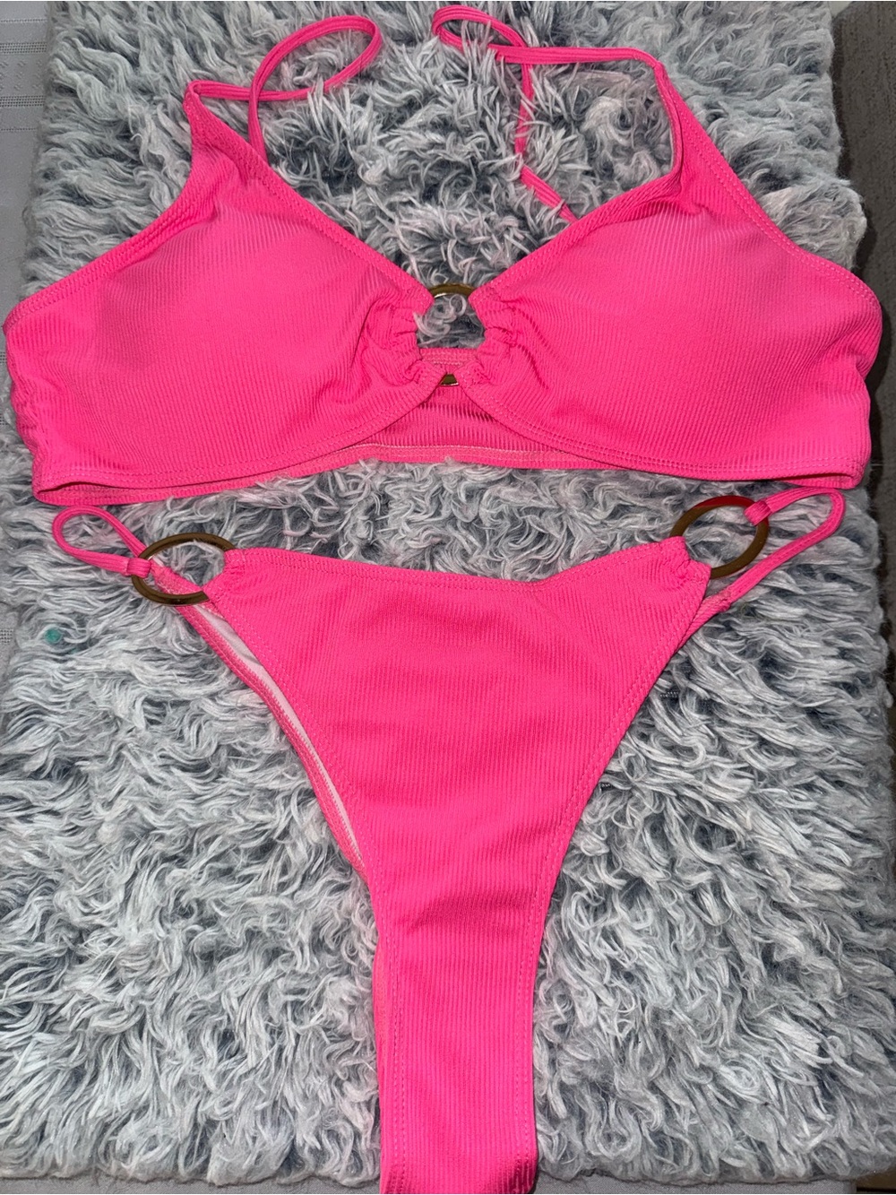 Hot Pink Ribbed Ring-Accent Bikini Set(FITS LIKE A LARGE)